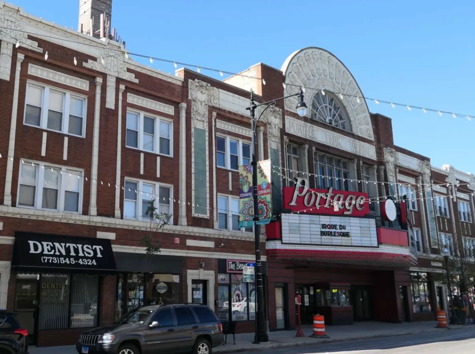 The historic Portage Theater marquee on Milwaukee Avenue