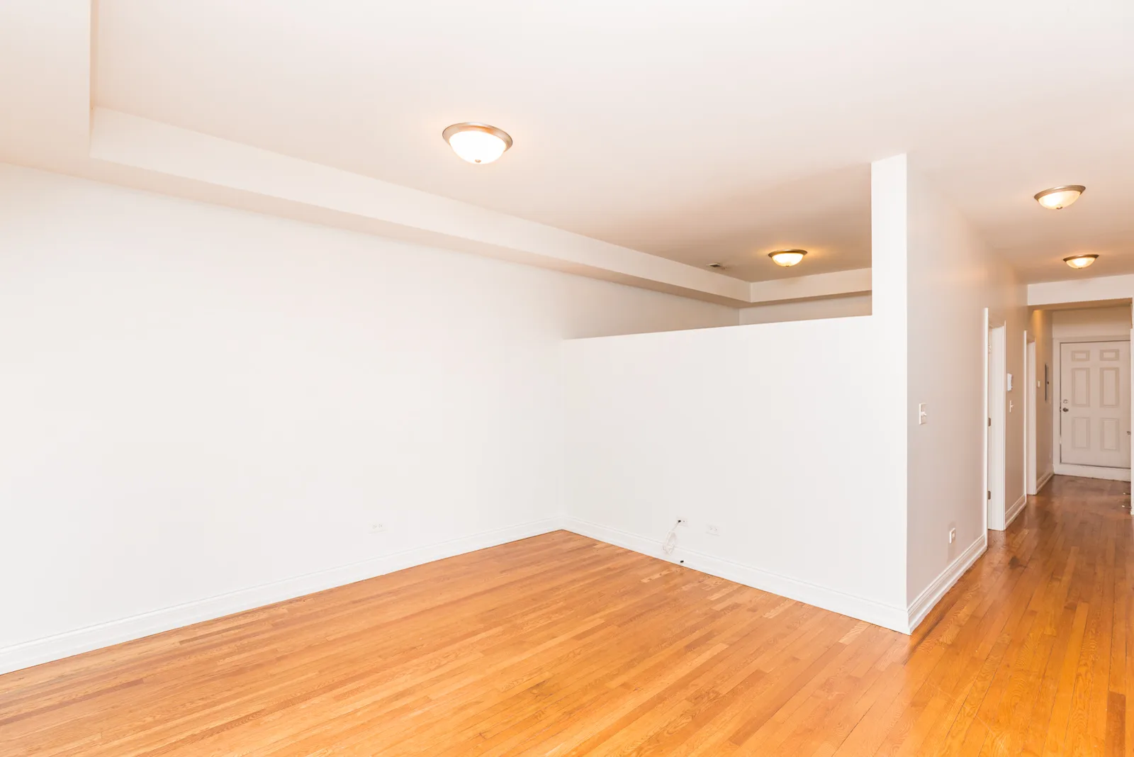 Living room with tray ceiling and hardwood floors